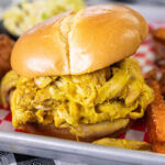 Close up of pulled pork sandwich.