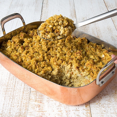 Large pan of stuffing.
